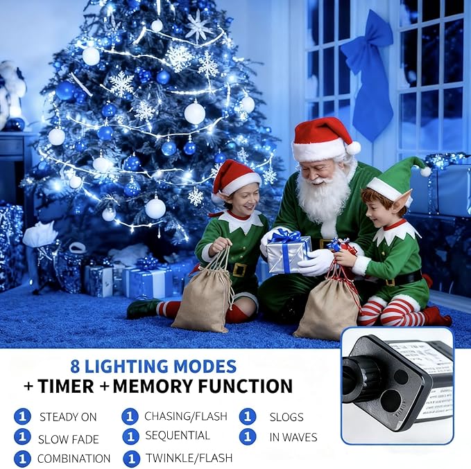 105FT 300 LEDs Blue White Christmas Lights Outdoor Indoor, Waterproof Christmas Tree Lights, 8 Lighting Modes with Memory and Timer