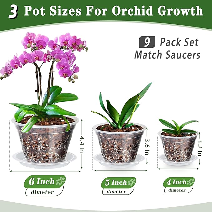 Orchid Pot 9 Pack | 3 of Each 4,5,6Inch,Orchid Pots with Holes & Saucers - Clear Plastic Pot for Repotting, Breathable Ventilation Planters for Phalaenopsis, Dendrobium & Oncidium Orchids