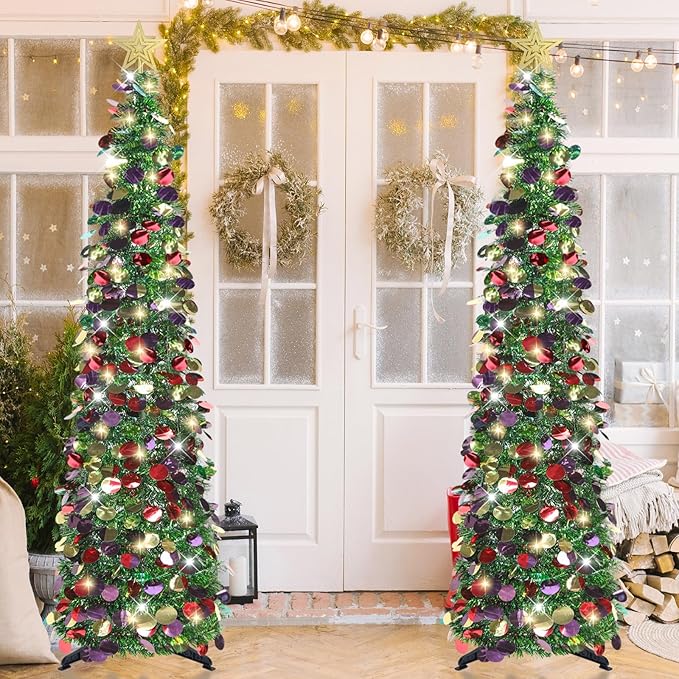 HMASYO 5 FT Pop Up Christmas Tree with Timer Lights, Green Christmas Tinsel Tree, Collapsible Artificial Pencil Christmas Tree for Indoor Home Apartment Porch Holiday Party Decorations