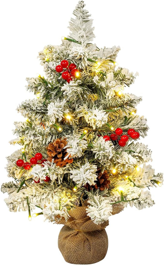 Uten Christmas Tree Flocking Snow Small Pine Cones/red Fruits, 40 LED Waterproof Battery Box with Cement Base Mini Christmas Tree Decorations for Home, Office, Party