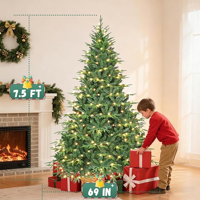 7.5ft Prelit Artificial Christmas Tree with 3348 PE PVC Tips, Premium Pre-Lit Holiday Xmas Tree with 400 UL Incandescent Lights, Metal Hinges & Foldable Base for Home Office Party, Green