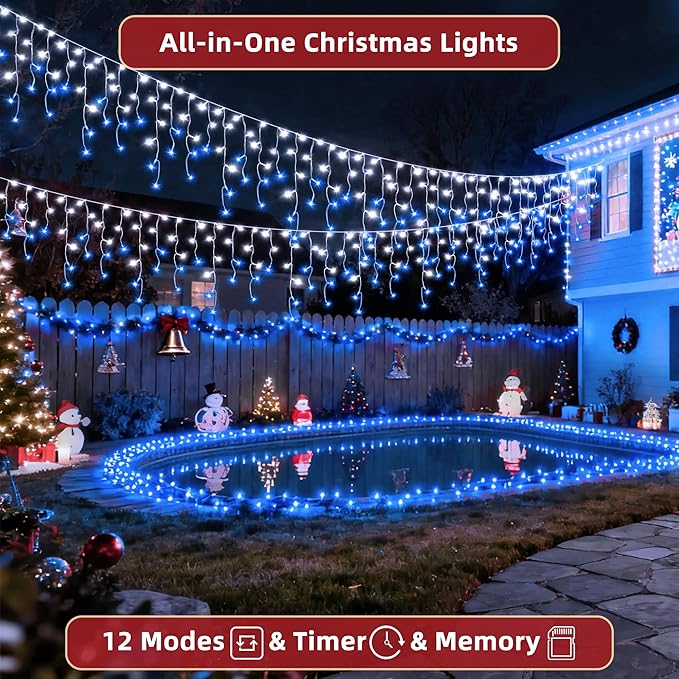 1620 LED Christmas Lights Outdoor 164 FT with 360Drops, Christmas Decorations Hanging Lights 12 Modes, Dimmable Fairy String Lights for Wedding Party Holiday Winter Wonderland Decor Blue & White