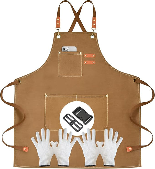 Heavy-Duty Canvas Tool Apron – Adjustable Cross-Back Work Apron with Pockets for Woodworking, Gardening & Crafts