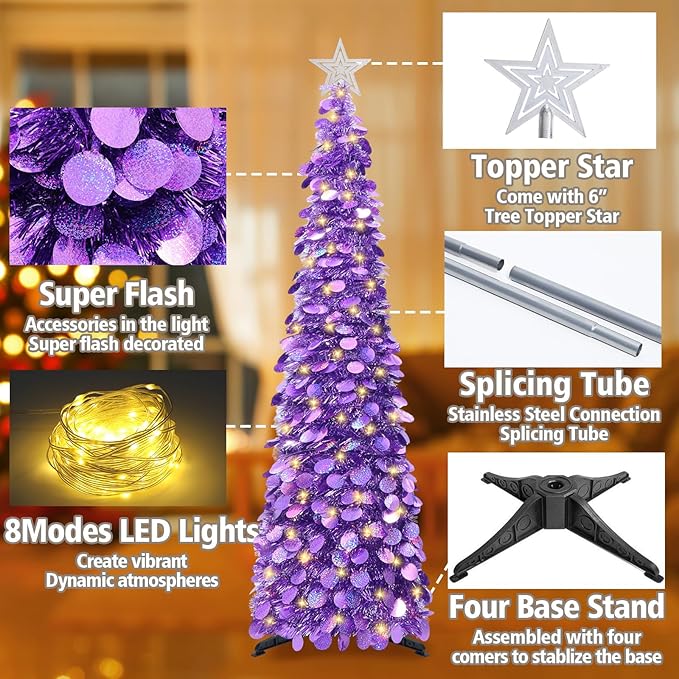 HMASYO 5 FT Pop Up Christmas Tree with Timer Lights, Purple Christmas Tinsel Tree, Collapsible Artificial Pencil Christmas Tree for Indoor Home Apartment Porch Holiday Party Decorations