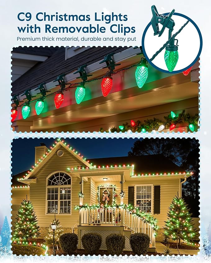 Minetom C9 LED Christmas Lights Outdoor with 100 Spring Clip (Red & Green, 1 Pack)