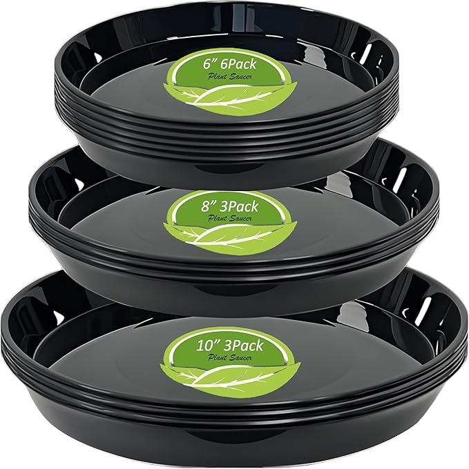 12 Pack Plant Saucer Tray, 6 8 10 inch Plant Saucers for Indoor Outdoor, Heavy Sturdy Plastic Planter Trays, Drainage Drip Water Trays for Flower Pots, Black