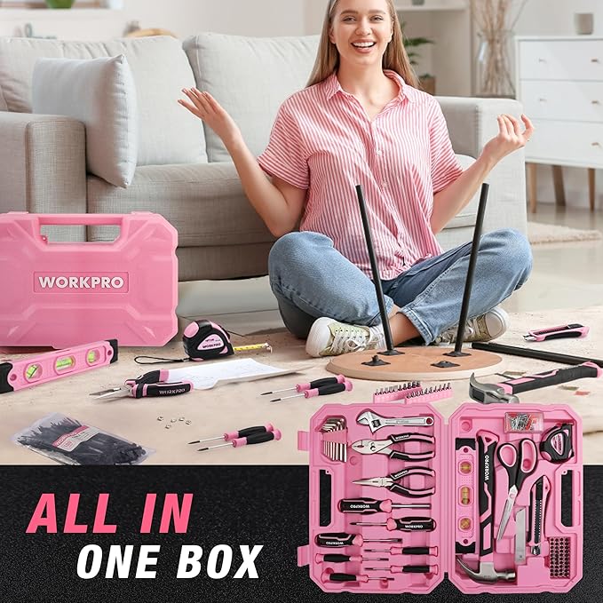 WORKPRO Pink Tool Set, 258 PCS Tool Kit for Women, Basic Household Case with Hammer, Screwdriver Set, Portable for Home Repair, New Apartment, House-Warming, DIY - Pink Ribbon