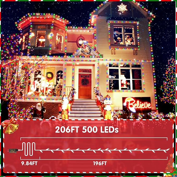 XURISEN Christmas Lights Outdoor 197FT 500 LED Green Wire String Lights 8 Modes with Timer Memory Waterproof Fairy Light Plug in for Xmas Tree Wedding Yard Party Holiday Decorations(Multicolor)