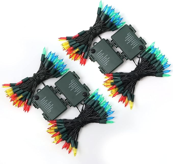 WATERGLIDE 4 Pack 50LED Outdoor Christmas Lights, 16FT Battery Operated Mini String Light with 8 Modes & Timer, Xmas Tree Lights Waterproof for Patio Garden Party Wedding Holiday Decor, Multicolor