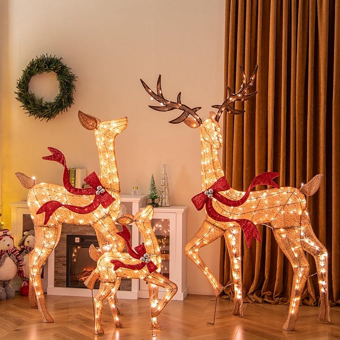 Tangkula 3-Piece Lighted Christmas Reindeer Family Set, 6 FT Xmas Lighted Deer Decorations with 440 Warm White LED Lights & Stakes, Indoor & Outdoor Holiday Decor for Front Yards Garden Lawn Patio