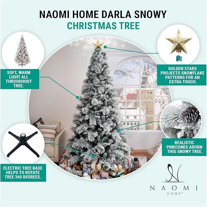 Darla 6.5ft Snow Flocked Rotating Christmas Tree with Star Projector, 35 Pine Cones, 674 Branch Tips, 300 Warm Lights and Rotating Base, 44" Wide Snowy Frosted Pine Christmas Tree with Lights