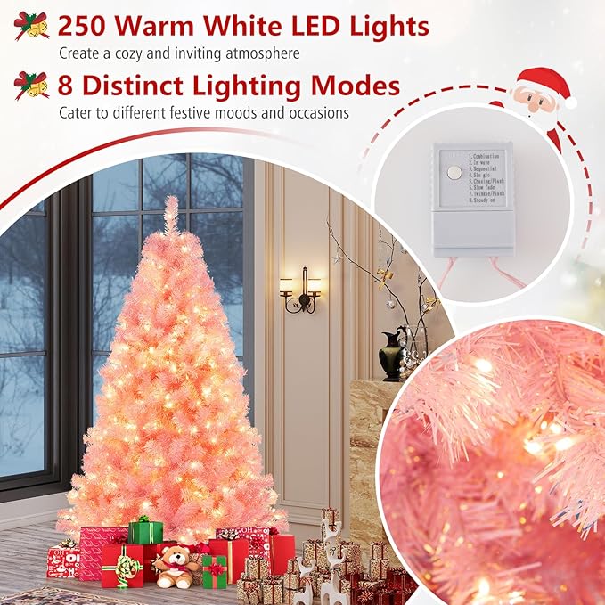Goplus 6 FT Pre-Lit Tinsel Christmas Tree, Artificial Hinged Xmas Tree with 250 Warm White LED Lights, 8 Modes, 688 Lush Branch Tips, Metal Stand, Home Office Seasonal Holiday Decoration, Pink