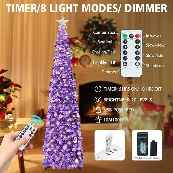 HMASYO 6 FT Pop Up Christmas Tree with 100 LED Lights & Remote, Purple Christmas Tinsel Tree, Collapsible Artificial Pencil Tree for Home Office Party Decor, USB Powered Timer Lights, Easy Assembly