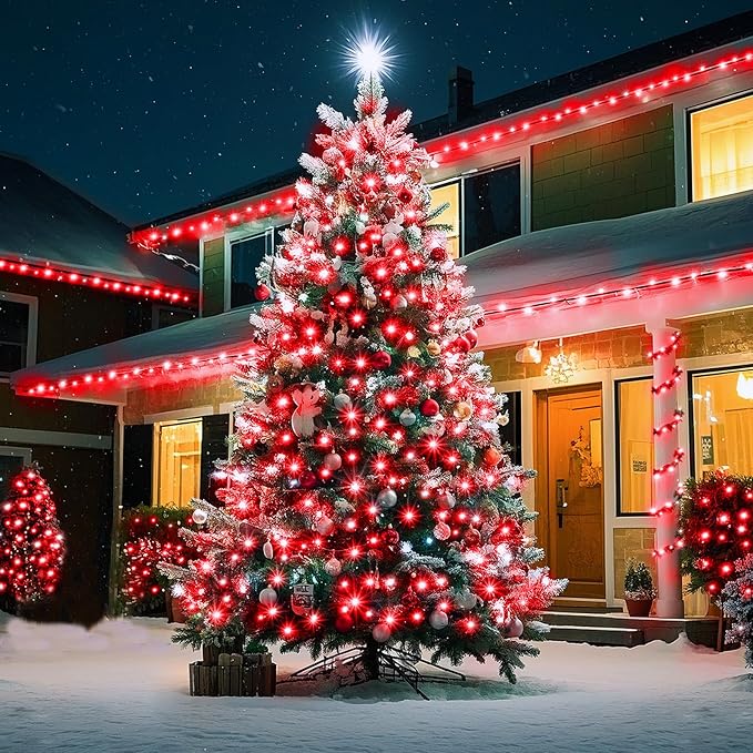 KNONEW 197FT 500 LED Christmas Lights Outdoor String Lights 8 Modes & Time Memory Fairy Light Plug in Waterproof LED String Lights for Xmas Yard Tree Wedding Party Holiday Decorations (Red)