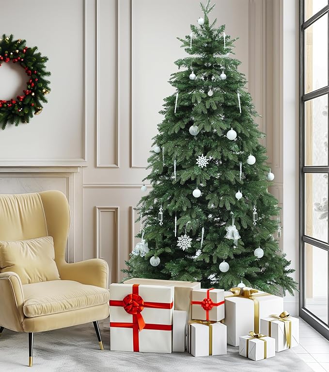 DWVO 6.5ft Pre-lit Artificial Christmas Tree with 1100 Mixed PE & PVC Branch Tips and 350 Lights, Green Christmas Tree, Fit for Home, Office, and Party Decoration