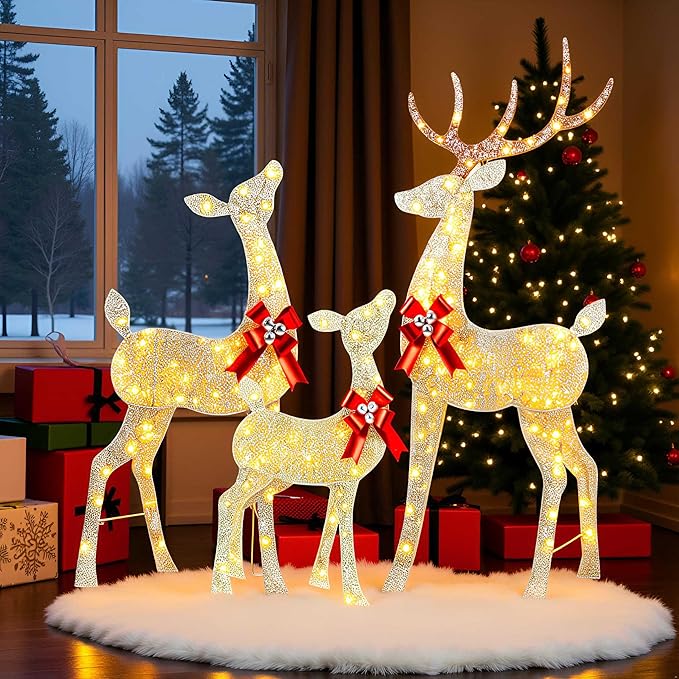 YULETIME 3-Piece Pre-lit 2.5D Christmas Reindeer Family, Lighted Glitter Deer Holiday Decoration With Warm White LED Lights
