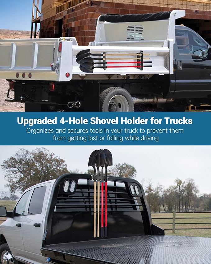 4-Hole Shovel Holder for Truck Bed, Garden Tool Holding Rack, Shovel Rack for Trailer/Truck Accommodates Diameters Up to 1.8" Rakes, Shovels, Other Garden Tools