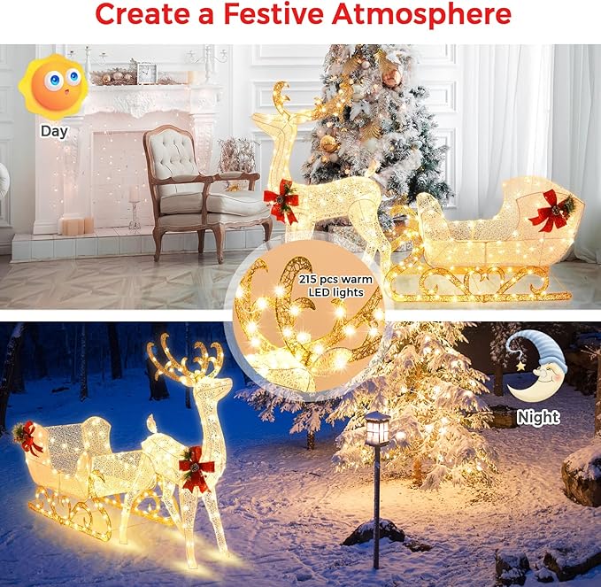 Tangkula 6 FT Christmas Lighted Reindeer & Santa’s Sleigh, Xmas Lighted Outdoor Yard Decoration W/ 215 LED Lights & 4 Ground Stakes, Artificial Christmas Décor for Indoor & Outdoor