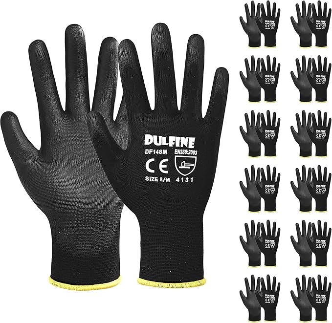 Ultra-Thin PU Coated Work Gloves-12 Pairs,Excellent Grip,Nylon Shell Black Polyurethane Coated Safety Work Gloves, Knit Wrist Cuff,Ideal for Light Duty Work. (Extra Large)