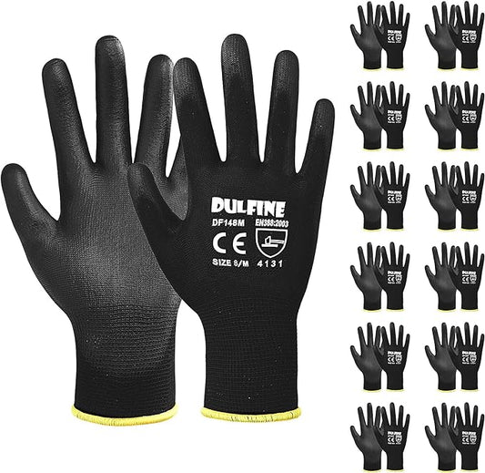 Ultra-Thin PU Coated Work Gloves-12 Pairs,Excellent Grip,Nylon Shell Black Polyurethane Coated Safety Work Gloves, Knit Wrist Cuff,Ideal for Light Duty Work. (XX-Large)