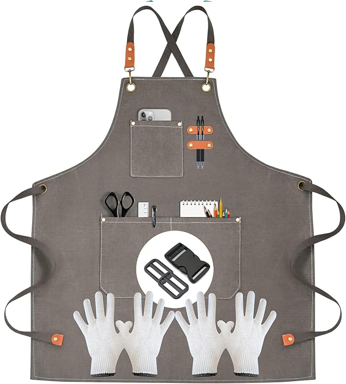 Heavy-Duty Canvas Tool Apron – Adjustable Cross-Back Work Apron with Pockets for Woodworking, Gardening & Crafts