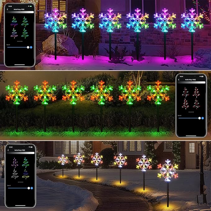 FREECUBE 6 Pack Smart Snowflake Pathway Lights with APP & Remote Control, RGB DIY, Music & Timer, 80+ Scene Mode Lighted Snowflake Christmas Decorations for Yard, Patio, Walkway