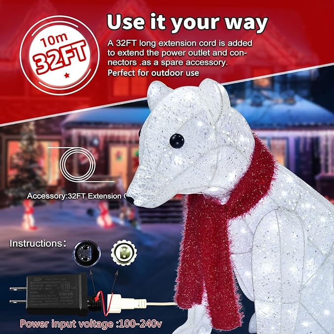 Lighted Polar Bear Family 2PCS - Large All-Weather Pre-Lit Outdoor Christmas Décor for Front Yard and Lawn with 140 Pre-Strung LED Lights, Zip Ties, Extension Cord, and Ground Stakes - Red/White
