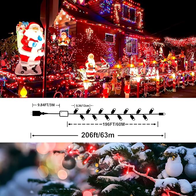 XURISEN Christmas Lights Outdoor 197FT 500 LED Green Wire String Lights 8 Modes with Timer Memory Waterproof Fairy Light Plug in for Xmas Tree Wedding Yard Party Holiday Decorations(Red)