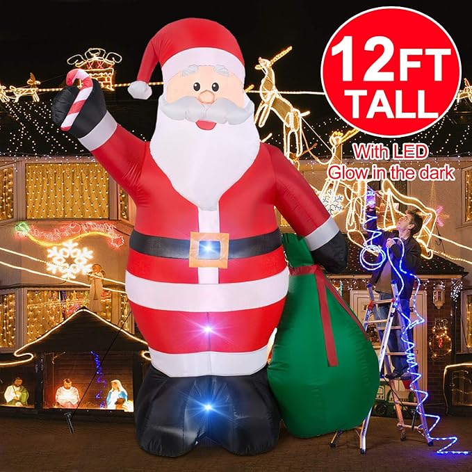 12 Ft by 7.6 Ft Giant Christmas Inflatables Decorations Outdoor Santa Claus with Gift Bag with LED Light for Christmas Blow Up Yard Decor for Lawn Garden Party Holiday Xmas Decorations Cute Fun