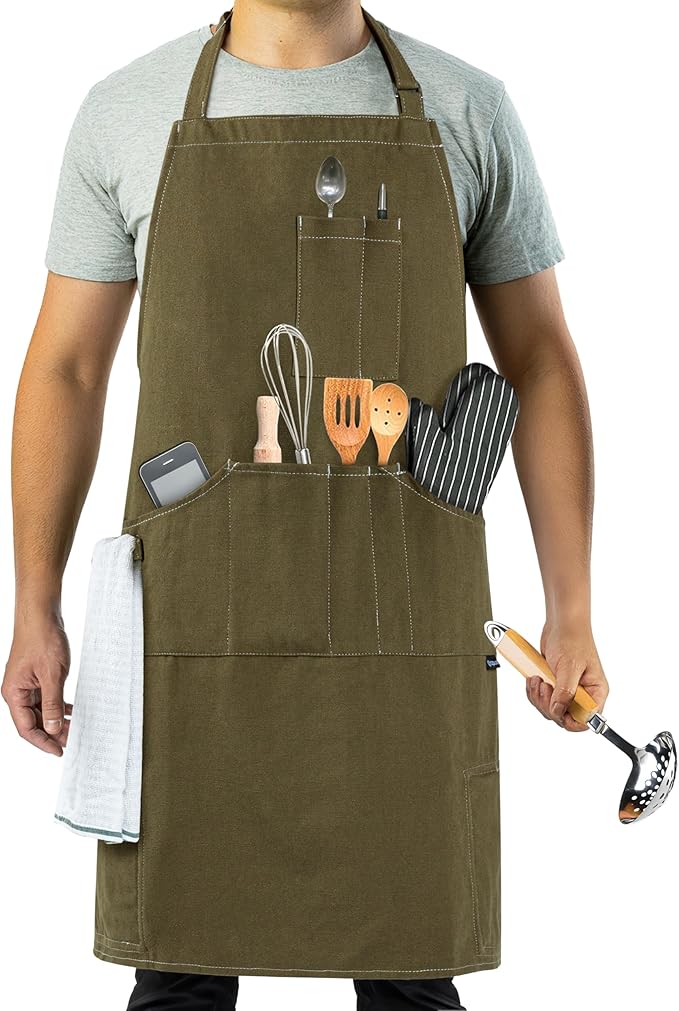 opux Chef Apron for Men, Kitchen Apron with Pockets for Women, Large Unisex Canvas Apron for Cooking Grilling BBQ Baking.