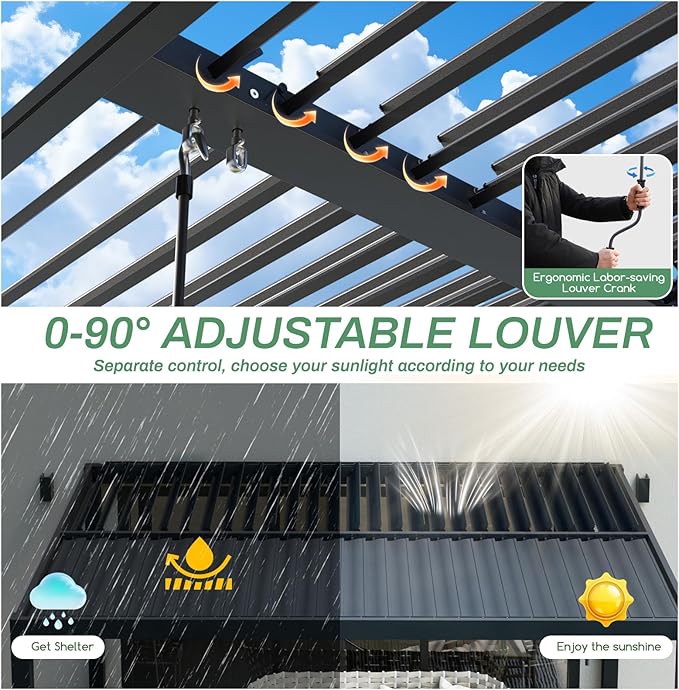 LVUYOYO Outdoor Louvered Pergola 10' x 10' with LED String Lights, Aluminum Pergola with Adjustable Roof, Waterproof Metal Gazebo for Patio, Backyard, Garden, Deck (10x10FT with Lights)