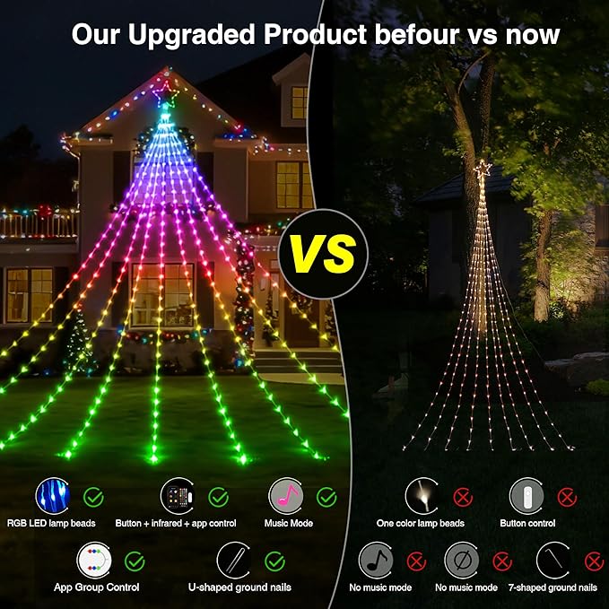 23FT RGB Color Changing Outdoor Christmas Decorations Hanging Waterfall String Lights with Star, APP&Remote Control, Music Sync, DIY Scenes, Waterproof LED Lights for Trees, Roof, Yard&Holiday Decor