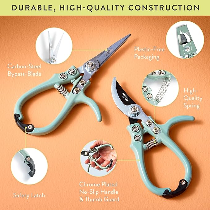 Modern Sprout Hand Pruners & Shears Set - Lightweight Gardening Tools W/Easy Lock - Sharp Carbon Steel Blades -Rust Resistant Scissors for Herbs, Flowers - Reusable Holster - Sage