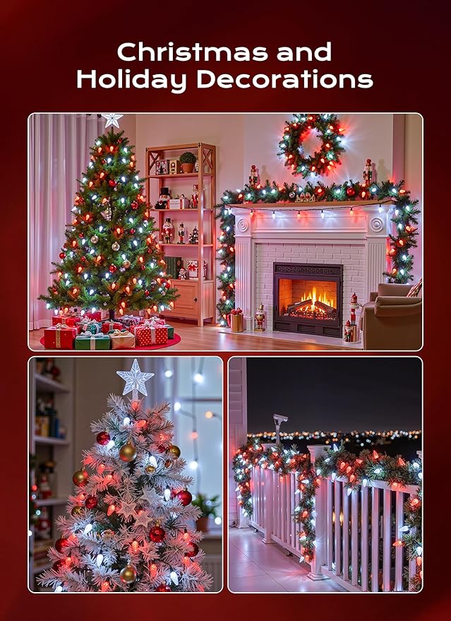 C9 Christmas Lights Outdoor, 100 FT 150 LED Connectable C9 String Lights with 8 Modes and Timer Xmas Tree Patio Roofline Garden Yard Holiday Party Indoor Outdoor Decoration, Red and White