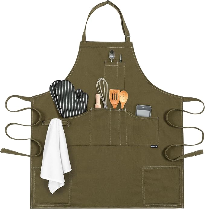 opux Chef Apron for Men, Kitchen Apron with Pockets for Women, Large Unisex Canvas Apron for Cooking Grilling BBQ Baking.