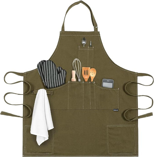 opux Chef Apron for Men, Kitchen Apron with Pockets for Women, Large Unisex Canvas Apron for Cooking Grilling BBQ Baking.