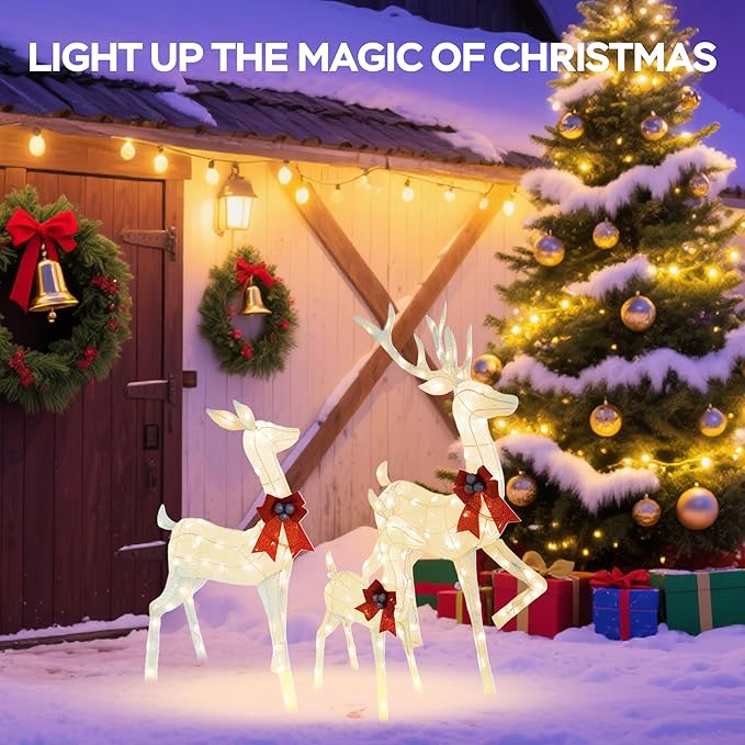 Outdoor Christmas Deer Decor 3-Piece Set, 5 FT Large Reindeer Family (Buck/Doe/Fawn) with 210 Warm White LEDs, Cotton Twine & Iron, Weatherproof Holiday Lights for Yard, Garden, Party, White