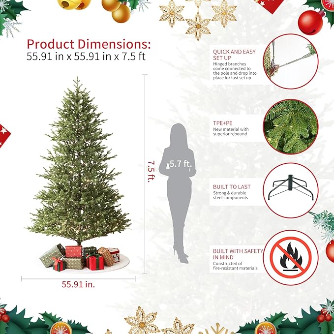 Colorado Blue Spruce 7.5ft Christmas Tree Pre-Lit Artificial Full with 1518 Low-Voltage Warm LED Lights, Foldable Stand & Realistic Flame-Resistant Branches