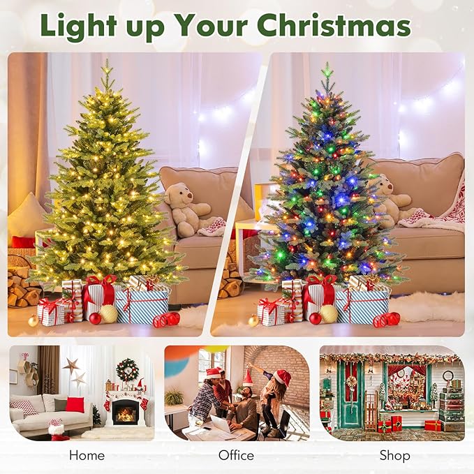 Happygrill 5 FT Pre-Lit Artificial Christmas Tree, Hinged Xmas Tree w/ 844 Branch Tips, 250 LED Lights, 11 Lighting Modes, 3 Auto Timers, 4-Level Brightness & Remote Control, Decoration Tree for Party