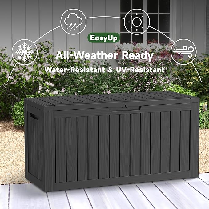 EasyUp 85 Gallon Deck Box Waterproof, Outdoor Storage Box Lockable for Patio Cushions, Garden Tools Accessories with Hydraulic Rod, UV-Resistant and Durable for Patio, Garden Use