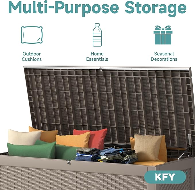 260 Gallon Waterproof Outdoor Storage Box, UV Resistant Resin Deck Box with Hydraulic Rod for Reinforced Stability, Perfect for Patio, Garden, and Pool, Grey