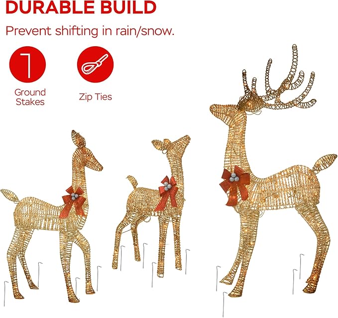 Outdoor Lighted Reindeer Family Christmas Decor, 3-Piece Large Deer (Buck/Doe/Fawn) Holiday Lawn Decorations Set, 210 Warm White LED, Metal & Rattan, Perfect for Yards, Garden