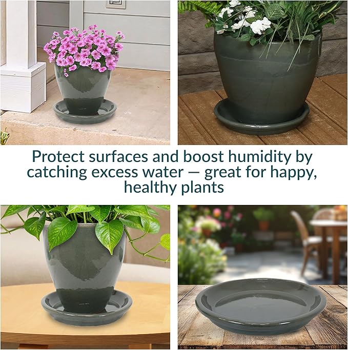 Sunnydaze 9-Inch Ceramic Plant Saucers - Plant Drip Trays for Outdoor Planter Flower Pot Drainage - Set of 2 - Gray