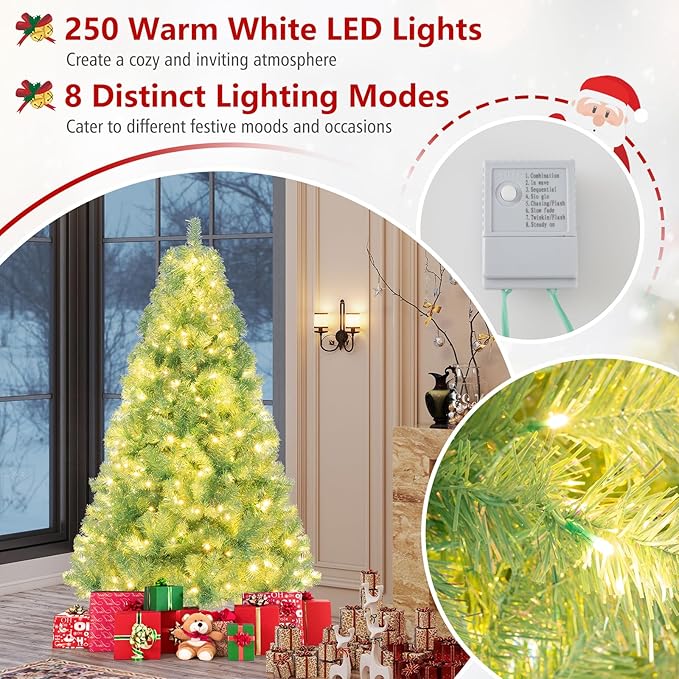 Goplus 6 FT Pre-Lit Tinsel Christmas Tree, Artificial Hinged Xmas Tree with 250 Warm White LED Lights, 8 Modes, 688 Lush Branch Tips, Metal Stand, Home Office Seasonal Holiday Decoration, Green