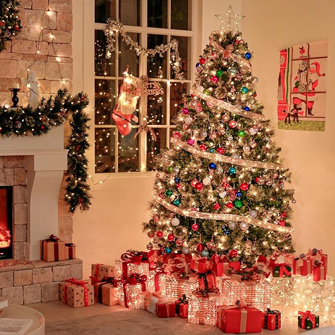 Hykolity 6 ft Pre-lit Christmas Tree with 350 Warm White LED Lights, Artificial Christmas Pine Tree with 1016 PVC Branch Tips, Easy Assembly with Metal Stand and Hinged Branches