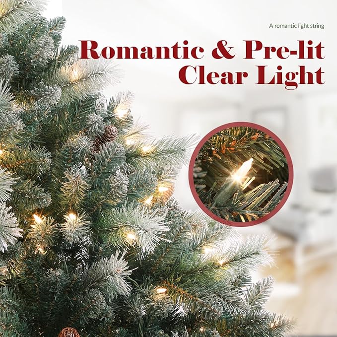 7FT Snowy Aspen Spruce Christmas Tree, Artificial Pre-lit Christmas Tree with Warm White Lights, Snow Flocked Tree with Pine Cone for Home, Office, Party Decor