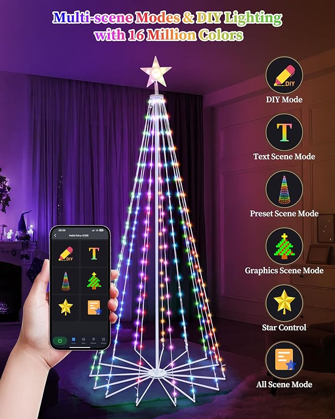 Brightever 8FT 355 LED Smart Cone Christmas Tree, Outdoor Prelit Christmas Tree with 16 Million DIY RGB LED Light Show, Remote APP Control Color Changing Music Sync for Xmas Outdoor Decorations