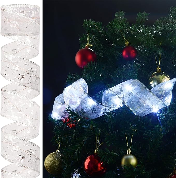 Christmas Decorations, 2.5Inch x 33Ft 100 Led Christmas Tree Ribbon Lights with Remote Control, Battery Operated & USB Powered 8 Lighting Modes Fairy String Lights with Timer for Xmas Decor