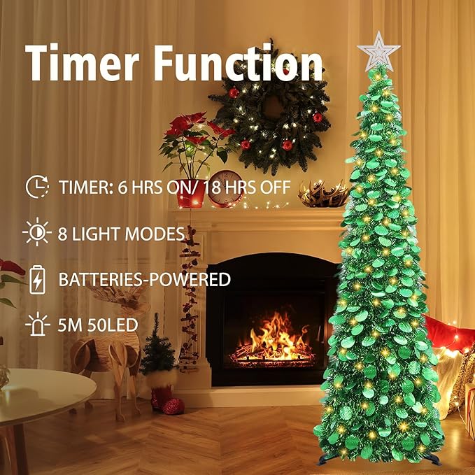 HMASYO 5 FT Pop Up Christmas Tree with Timer Lights, Green Christmas Tinsel Tree, Collapsible Artificial Pencil Christmas Tree for Indoor Home Apartment Porch Holiday Party Decorations
