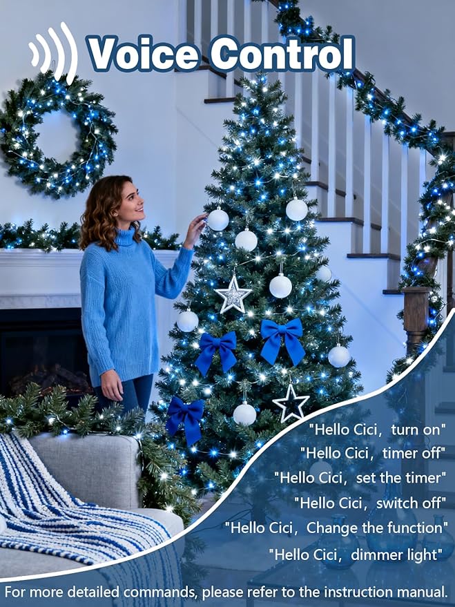 Voice Controlled Christmas Lights with Remote, 99 FT 300 LED String Lights Indoor Outdoor with 12 Modes 3 Timers, Dimmable Twinkle Light Plug in Waterproof for Xmas Tree Party Decor, White and Blue
